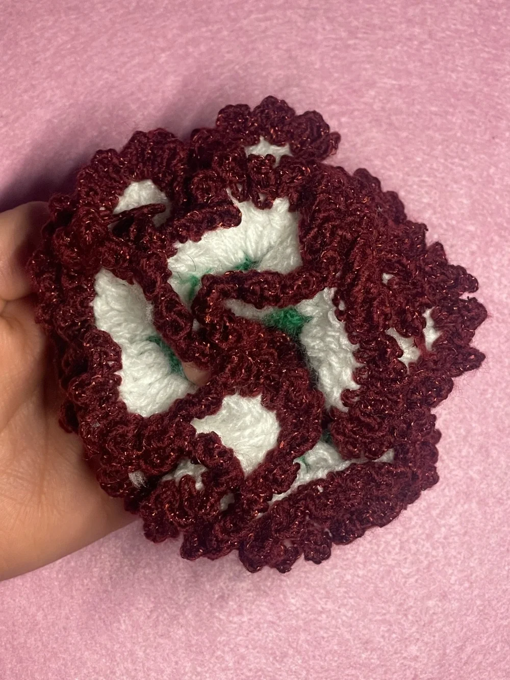 Handmade Crochet Ruffle Scrunchie - Green, White & Burgundy
